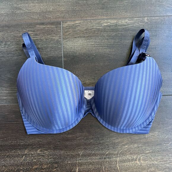 Victoria’s Secret NWT T-Shirt Push-up Bra Size 32DD Periwinkle Striped Full Cove - Picture 1 of 10